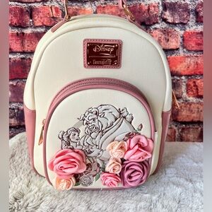 Loungefly Cream and Pink Beauty and the Beast Floral Mini Backpack